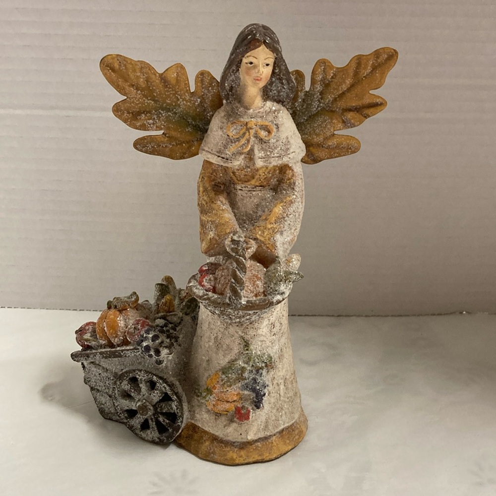 Resin Harvest Angel Figurine Metal Leaf Shaped Wings Vegetable Basket & Cart